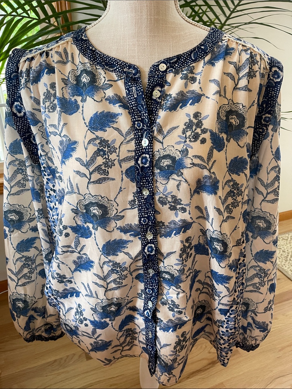 Women's Cream Blouse with Blue Floral Print and Navy Trim - Button Front